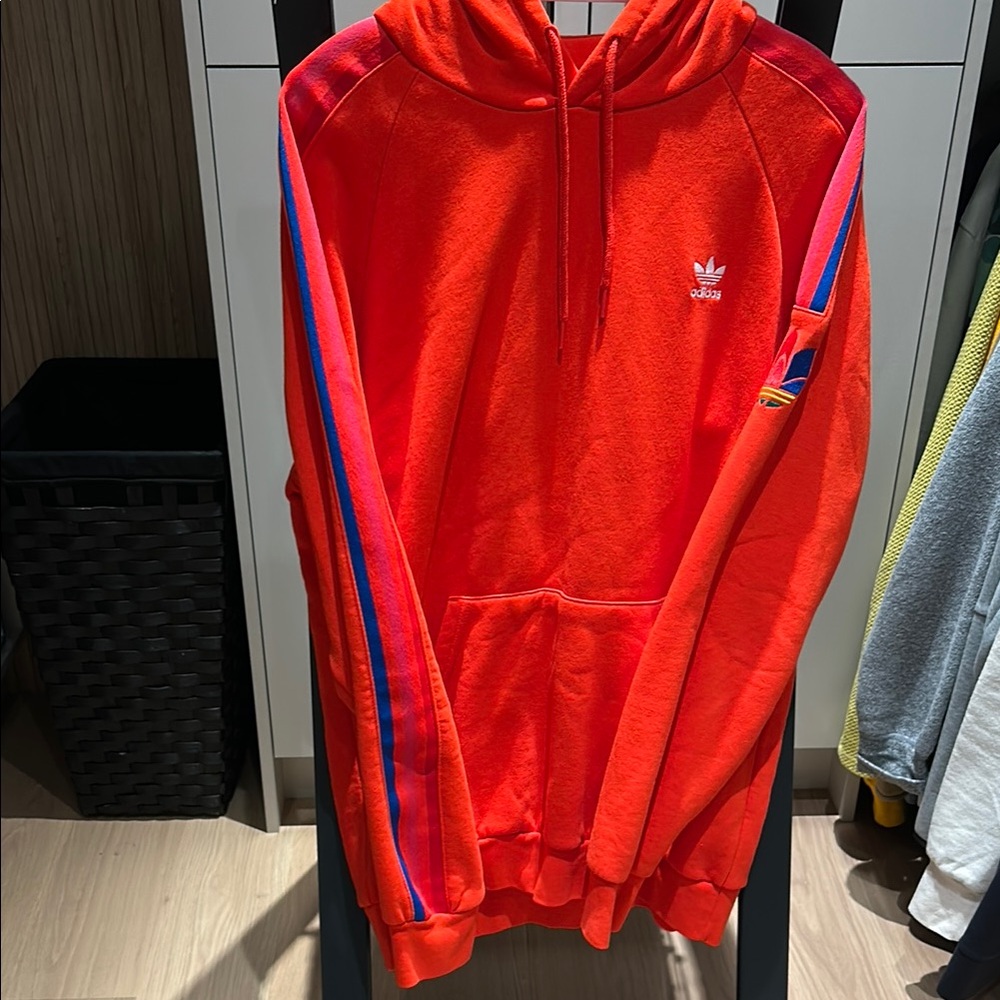 NWOT - Adidas Bright Red Hoodie with Blue and Pink Accents